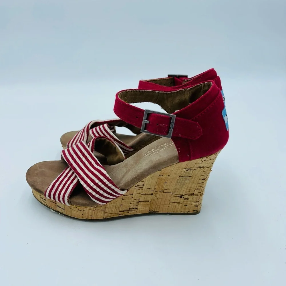TOMS Multi Strap Red Striped Cork Wedges